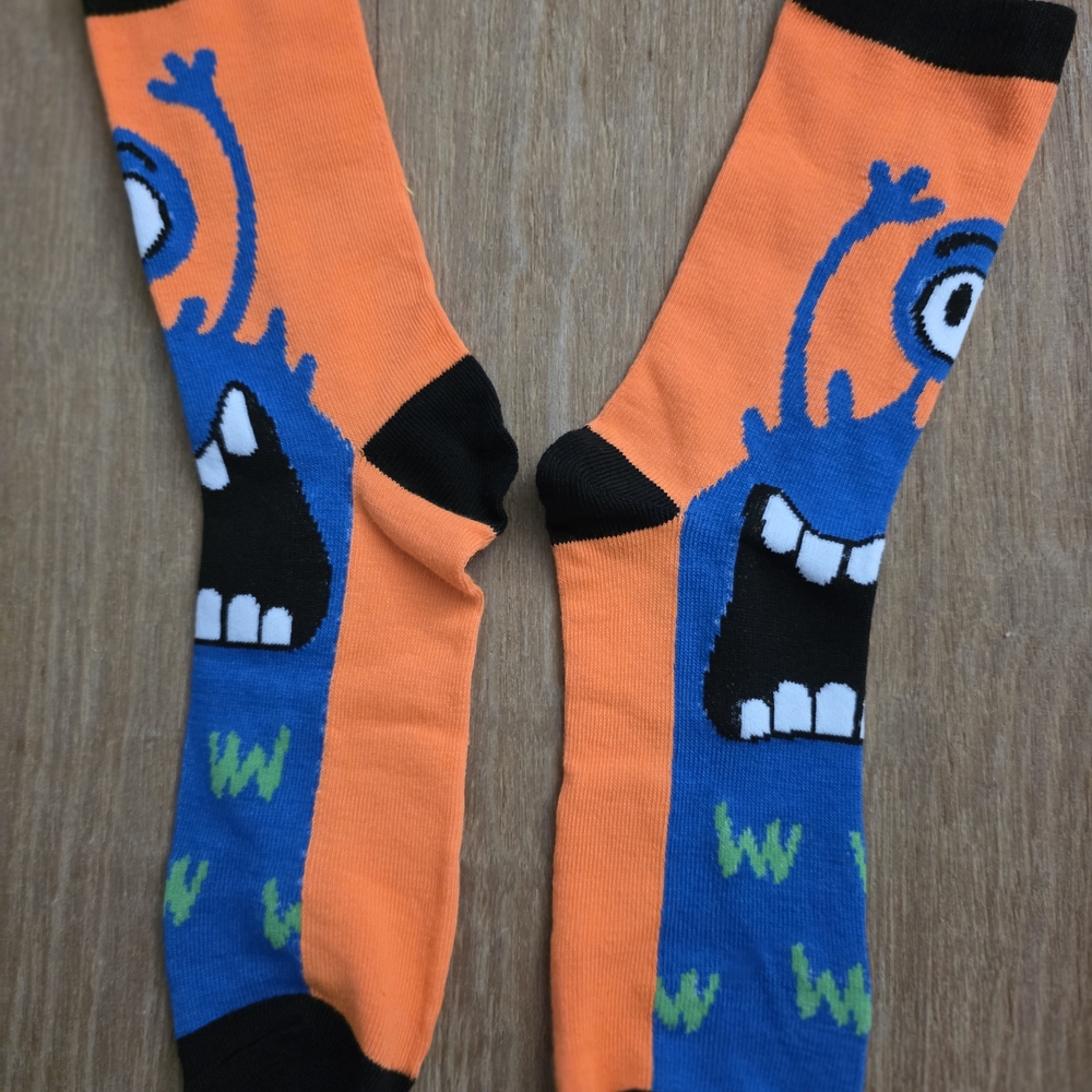 Novelty Orange & Blue Monster Crew Socks - Fun Graphic Design
